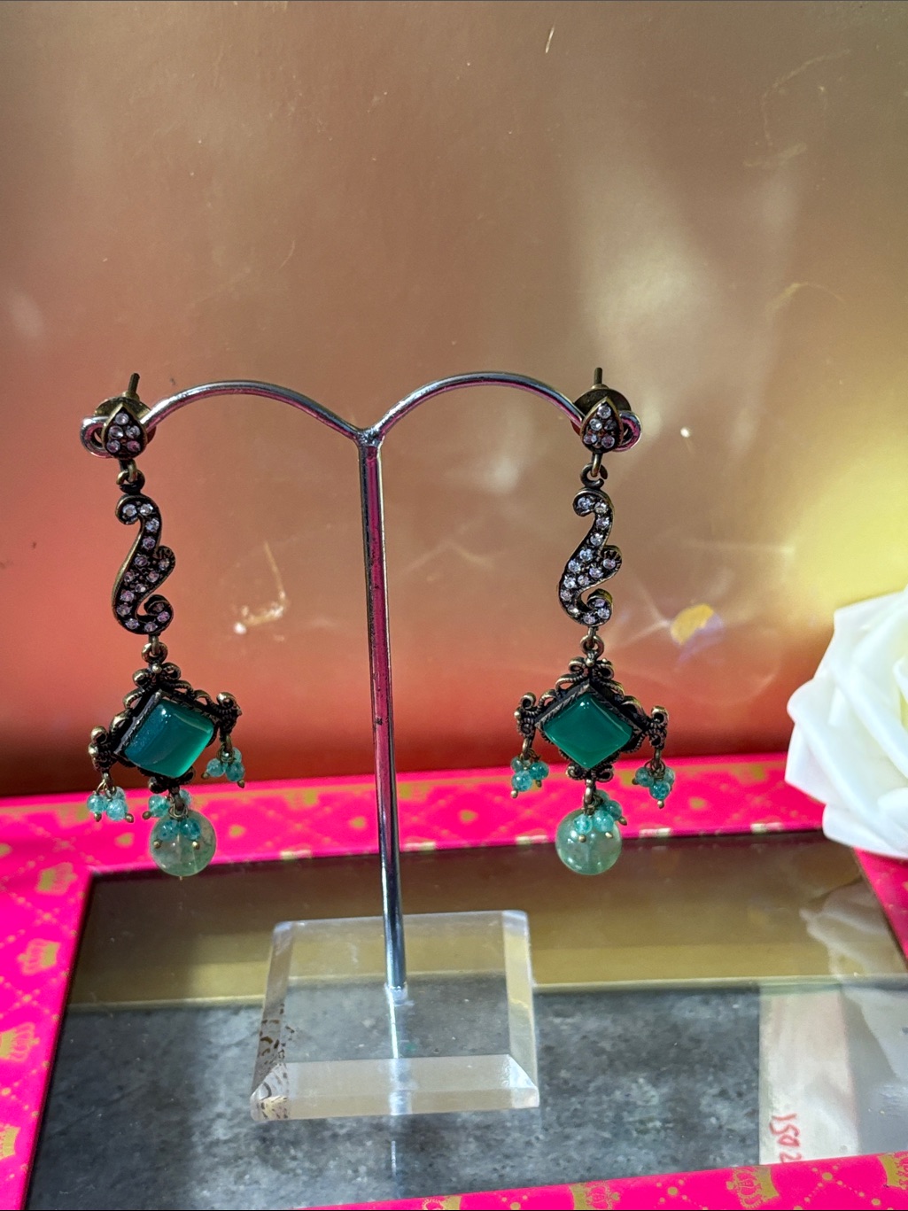 Elegant Green Dangle Earrings With Crystal Accents